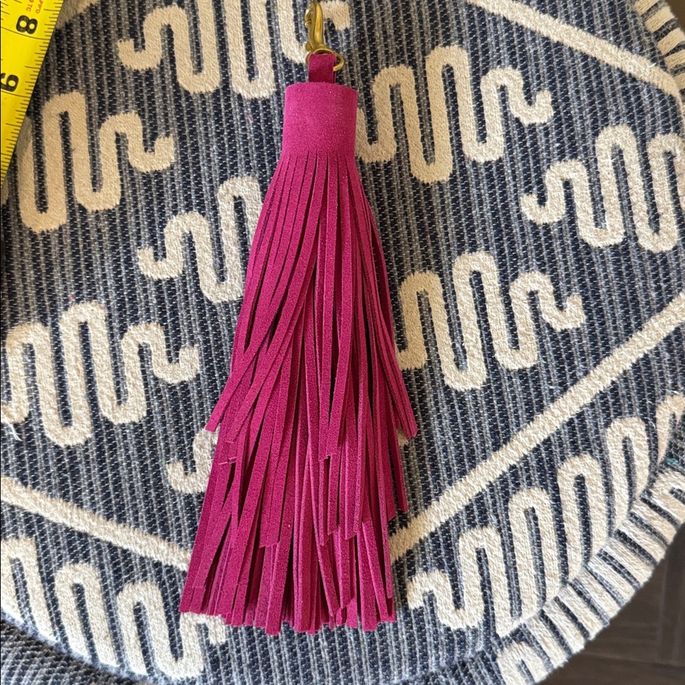 New Handmade Brass clip Hot Pink Suede Tassel Keychain Purse fob 10”
